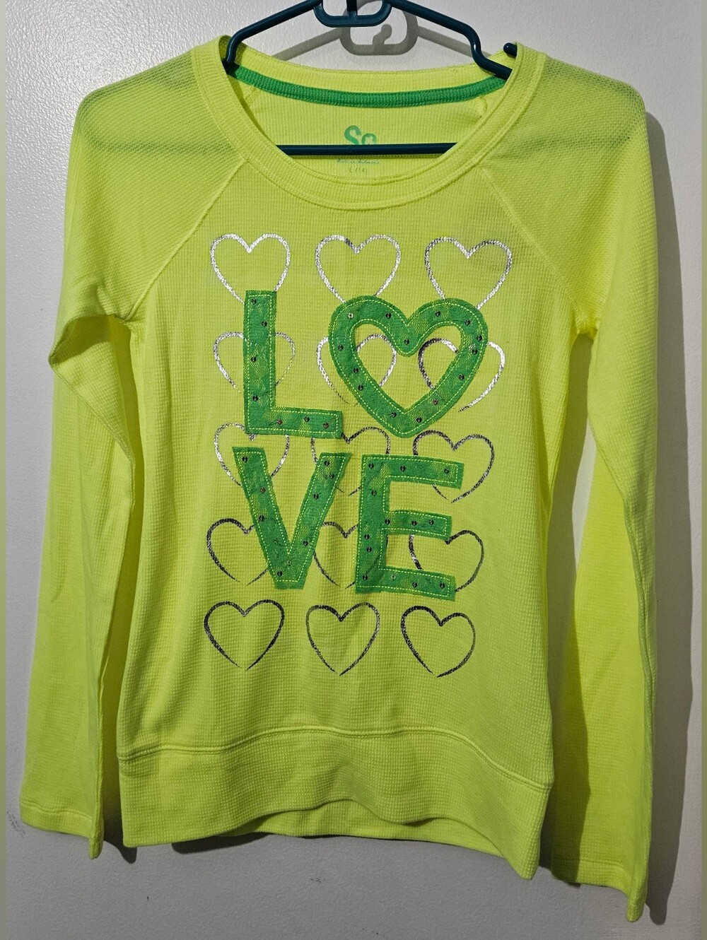 SO Neon Yellow Long Sleeve Top with Green LOVE Heart Graphic Large